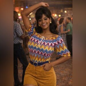 1960’s/70’s vintage knit top- rainbow color- original tags- bow at neck- L